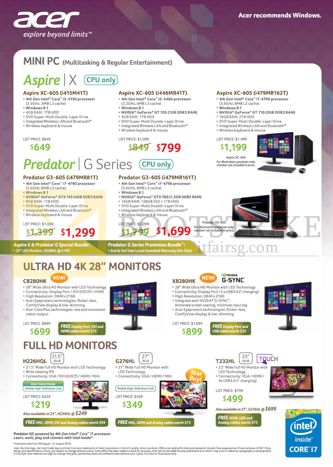 COMEX 2014 price list image brochure of Acer Desktop PCs, LED Monitors Aspire XC-605, Predator G3-605, CB280HK, XB280HK, H226HQL, G276HL, T232HL