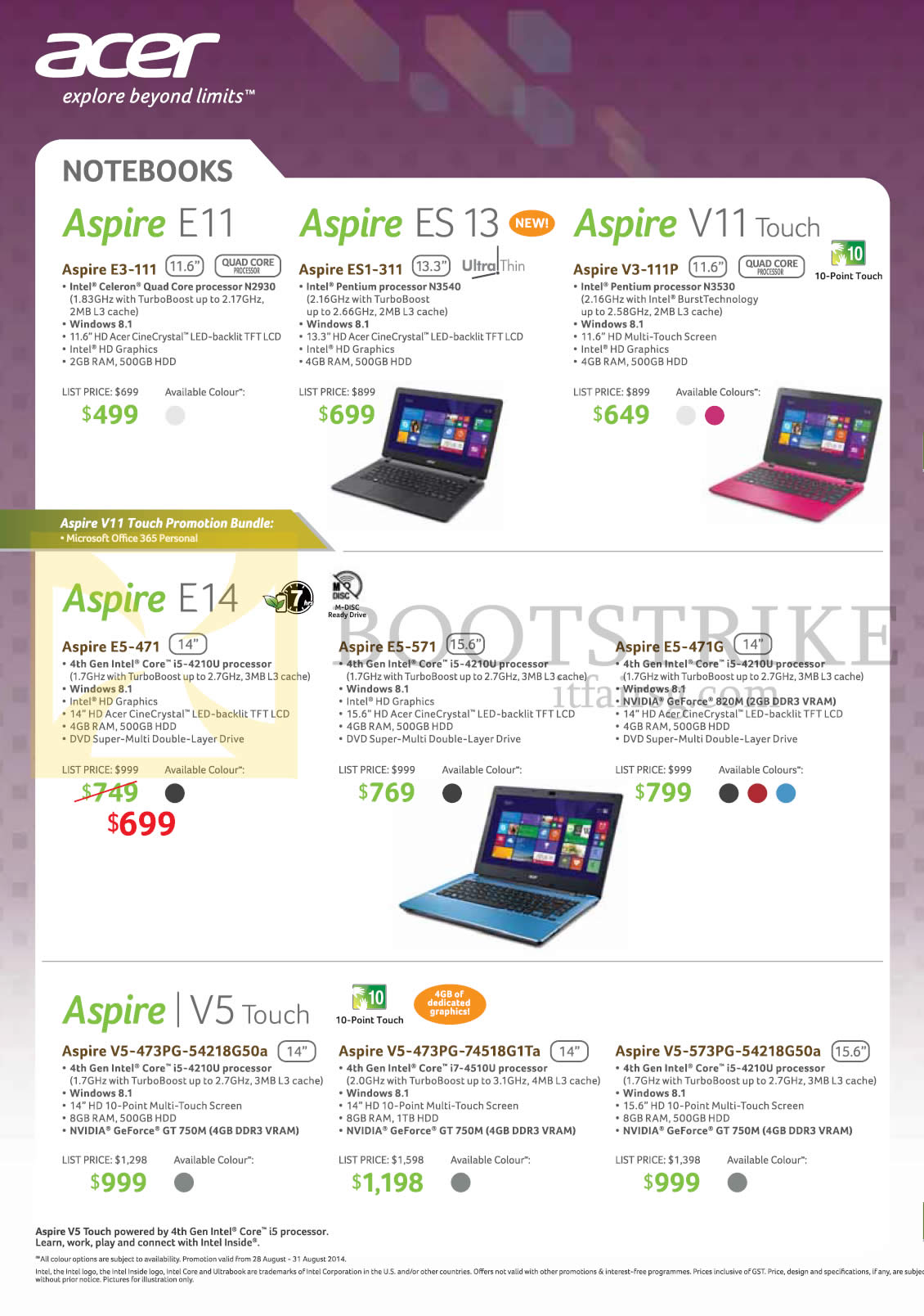 COMEX 2014 price list image brochure of Acer Notebooks Aspire E3-111, ES1-311, V3-111P, E5-471, E5-571, E5-471G, V5-473PG-54218G50a, V5-473PG-74518G1Ta, V5-573PG-54218G50a