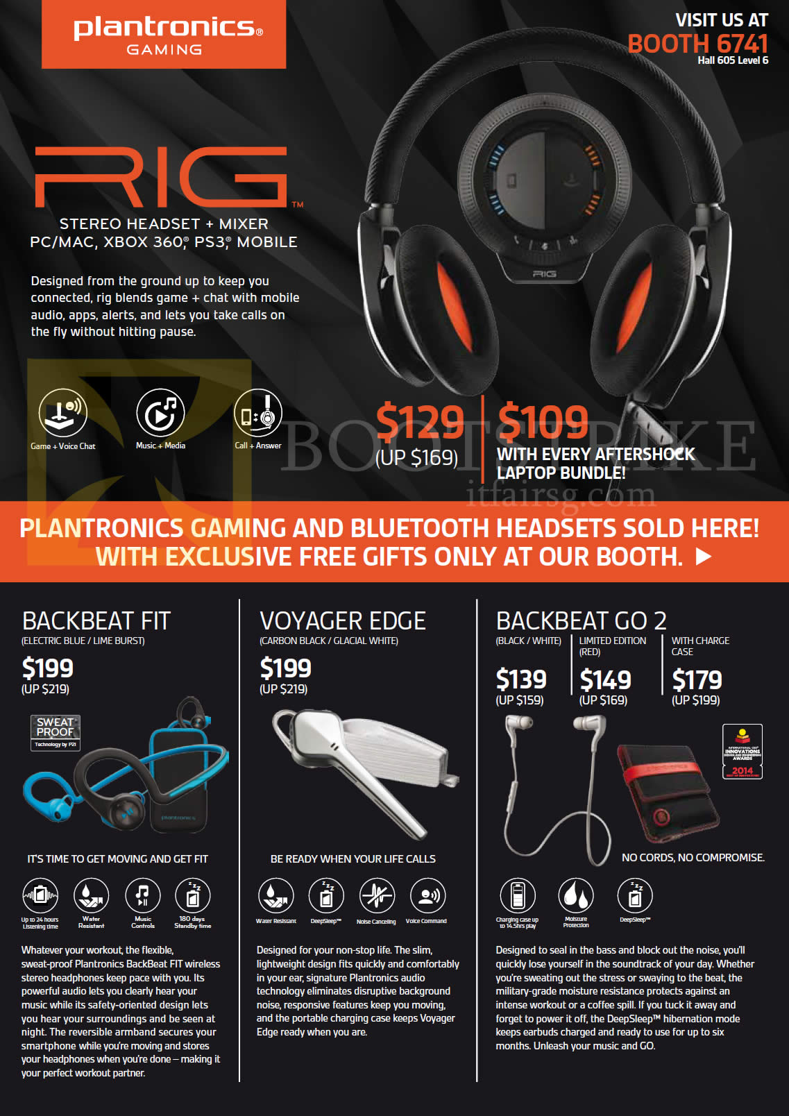 COMEX 2014 price list image brochure of Aftershock Plantronics Bluetooth Headsets, Earphone, Headphones, Rig, Backbeat Fit, Voyager Edge, Backbeat Go 2