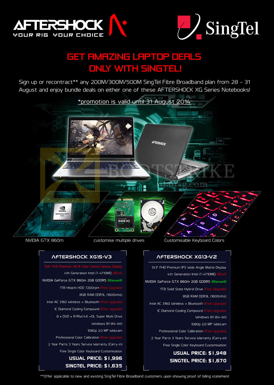 COMEX 2014 price list image brochure of Aftershock Singtel Fibre Broadband Notebook XG15-V3, XG13-V2