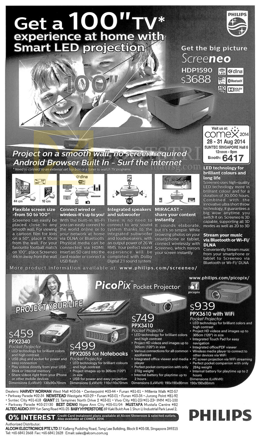 COMEX 2014 price list image brochure of Alcom Philips Picopix Projectors Screeneo HDP1590, PPX2340, PPX2055, PPX3410, PPX3610