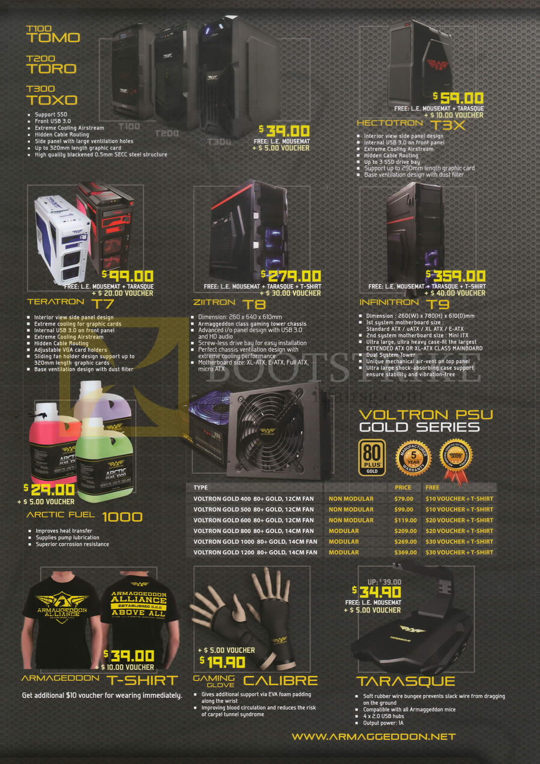 COMEX 2014 price list image brochure of Armageddon Desktop PC CPU Casing, Voltron Gold PSU, Arctic Fuel, Gaming Glove Calibre, Tarasque, T100 Tomo, T200 Toro, T300 Toxo, Hectoron T3X, Teratron T7, Ziitron T8, Infinitron T9
