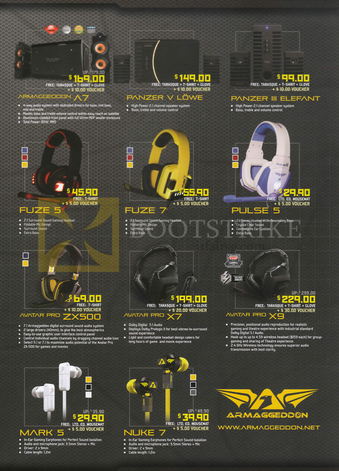 COMEX 2014 price list image brochure of Armageddon Headphones, Speaker Systems, A7, Panzer V Lowe, III Elefant, Fuze 5, Fuze 7, Pulse 5, Avatar Pro ZX500, X7, X9, Mark 5, Nuke 7