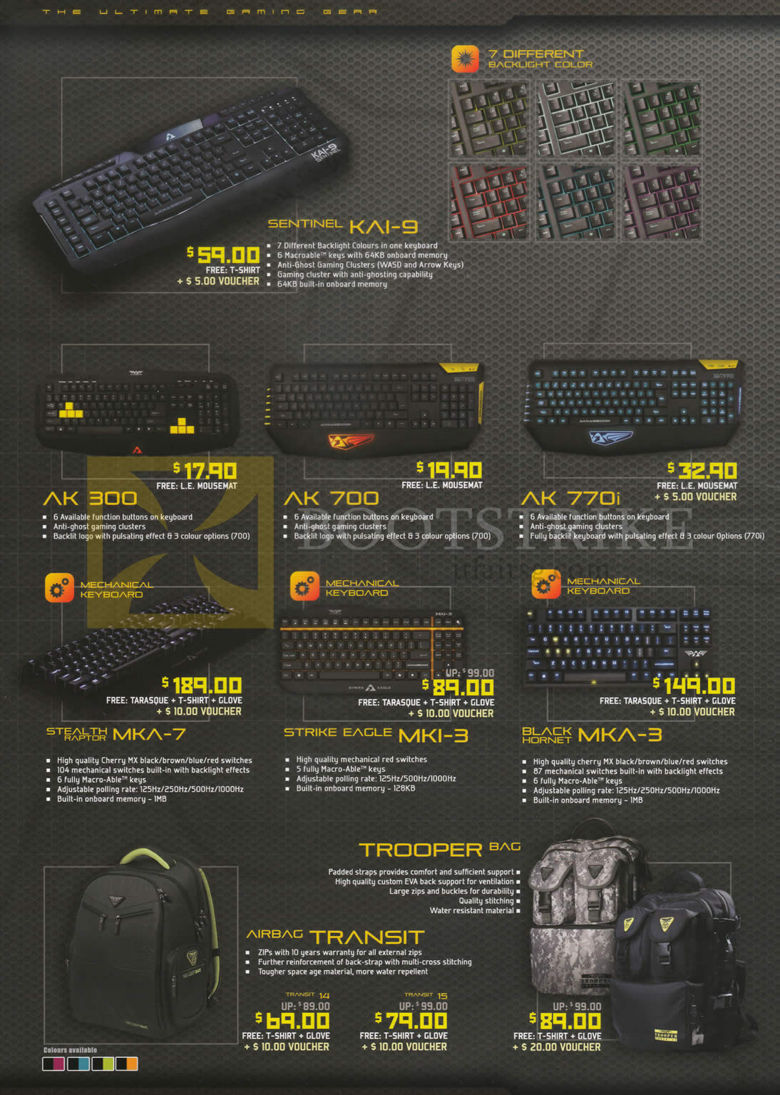 COMEX 2014 price list image brochure of Armageddon Keyboards Sentinel Kai-9, AK300, 700, 770i, Stealth Raptor MKA-7, Strike Eagle MKI-3, Black Hornet MKA-3, Trooper Bag, Airbag Transit,