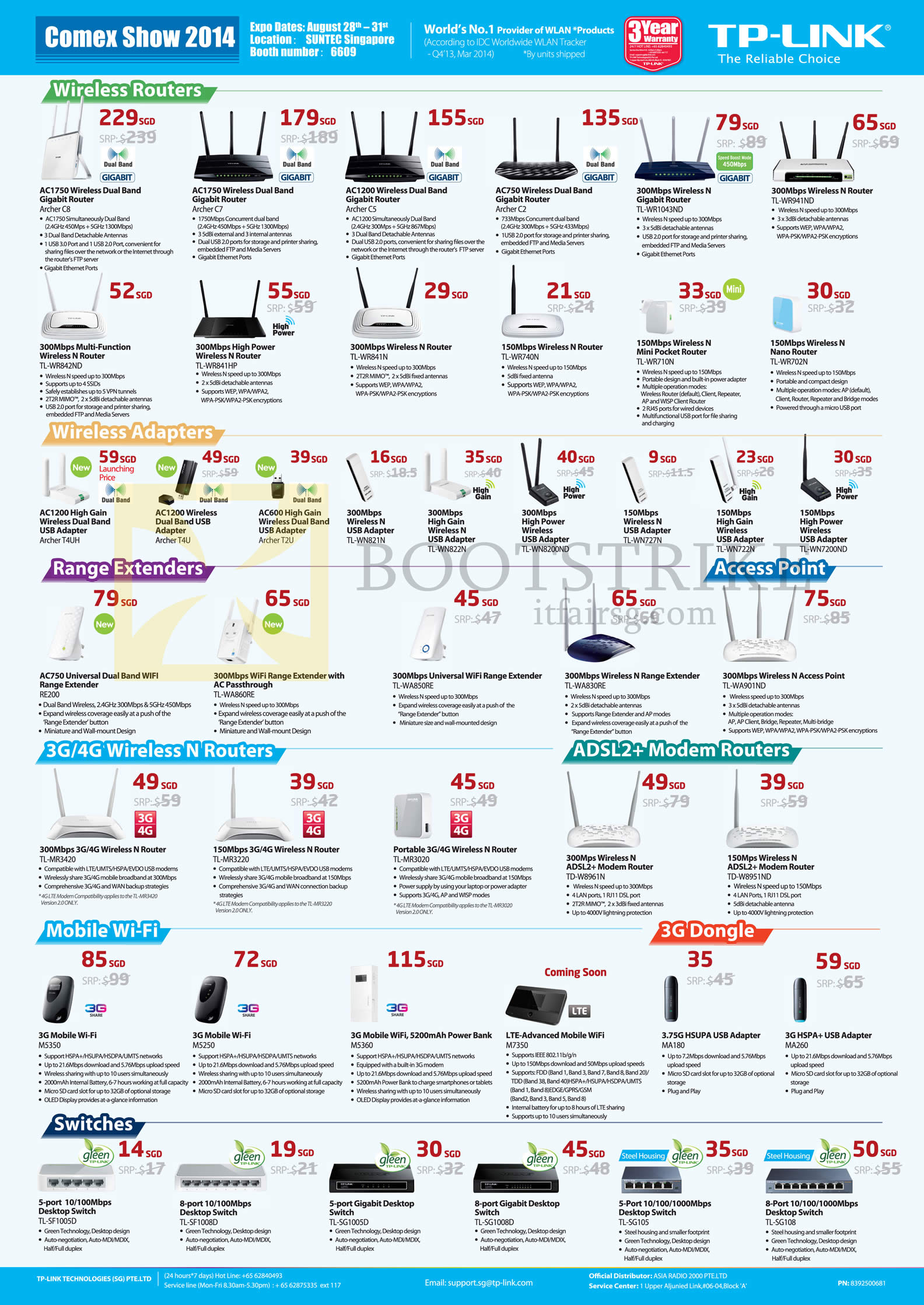 COMEX 2014 price list image brochure of Asia Radio TP-Link Networking Wireless Routers, Adapters USB, Range Extenders, ADSL2 Modem Router, Mobile Wifi 3G 3.75G 4G, Switches