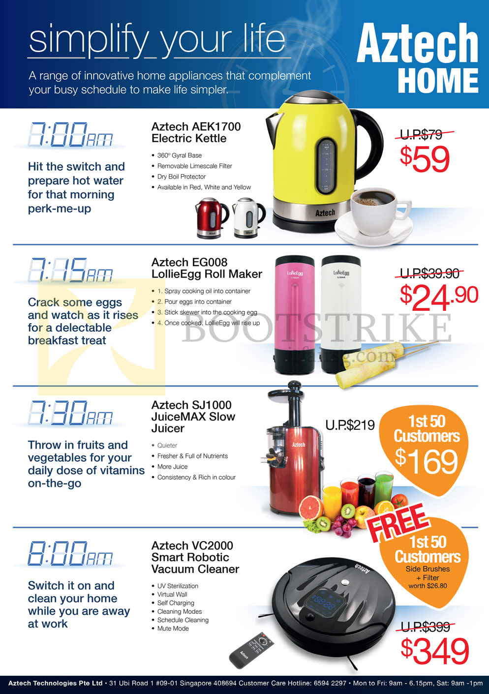 COMEX 2014 price list image brochure of Aztech Electric Kettle AEK1700, EG008 LollieEgg Roll Maker, SJ1000 JuiceMax Slow Juicer, VC2000 Robot Vacuum Cleaner