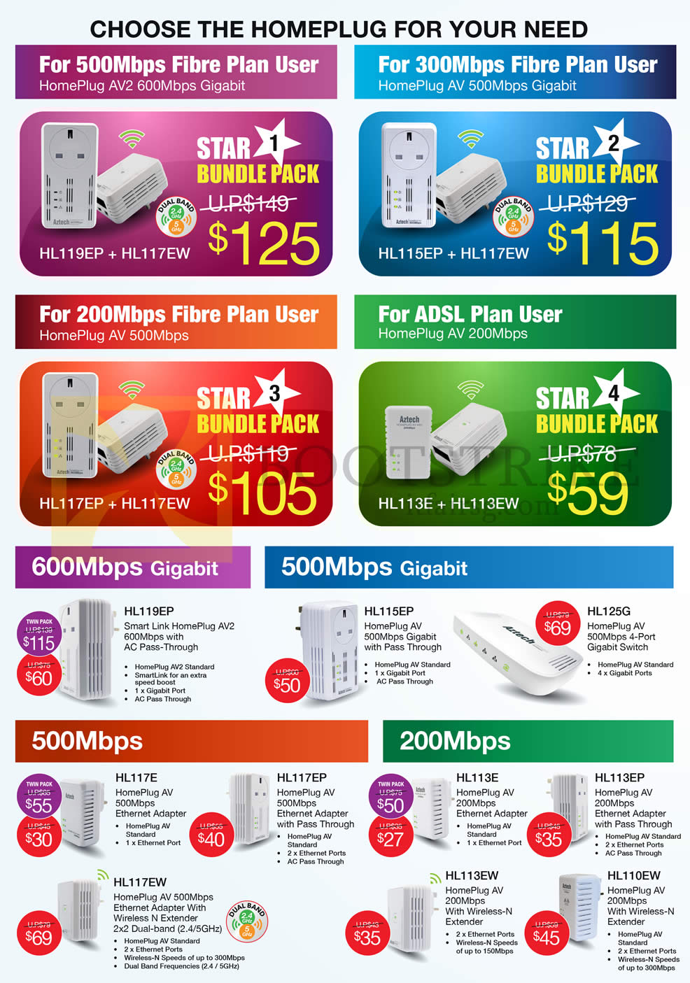 COMEX 2014 price list image brochure of Aztech HomePlugs Bundles HL119EP HL117EW HL115EP HL113E HL113EW HL113E