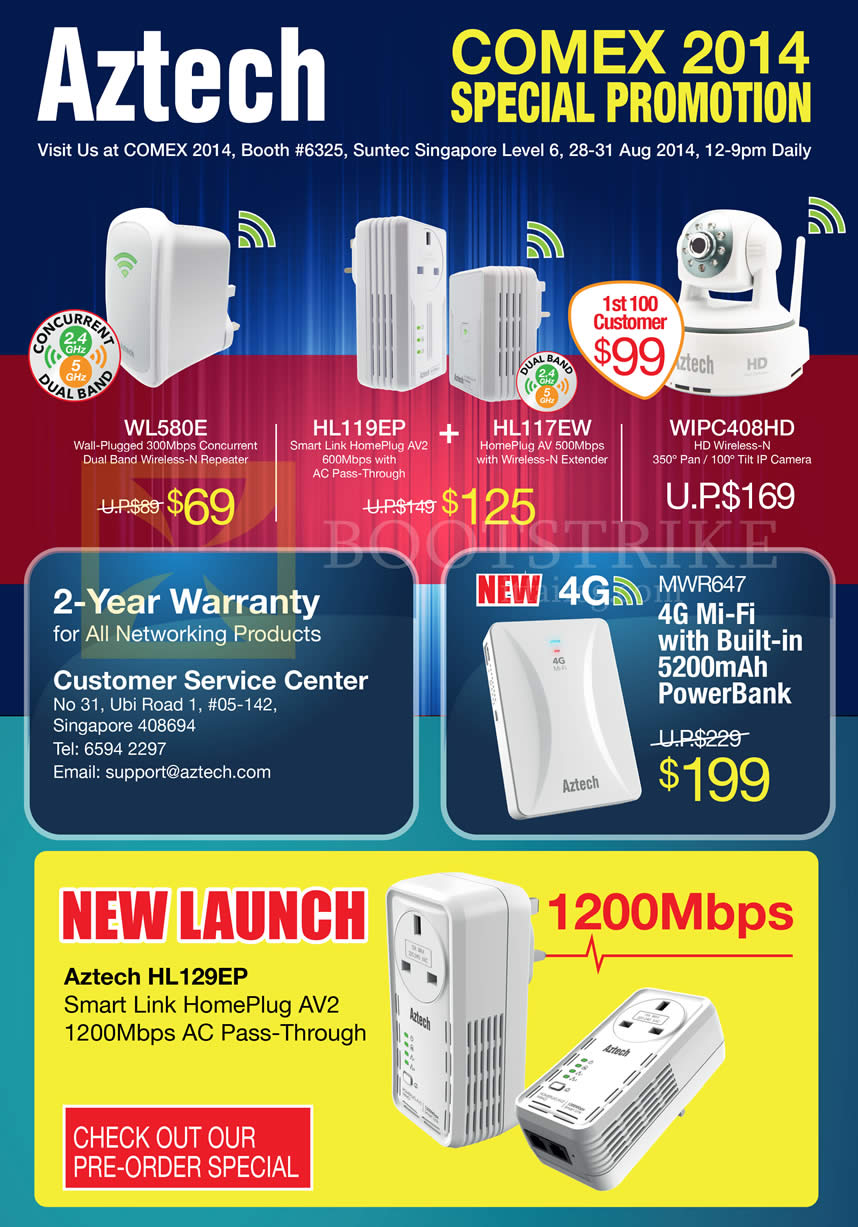 COMEX 2014 price list image brochure of Aztech Homeplugs, Router WL580E HL119EP HL117EW WIPC408HD MWR647