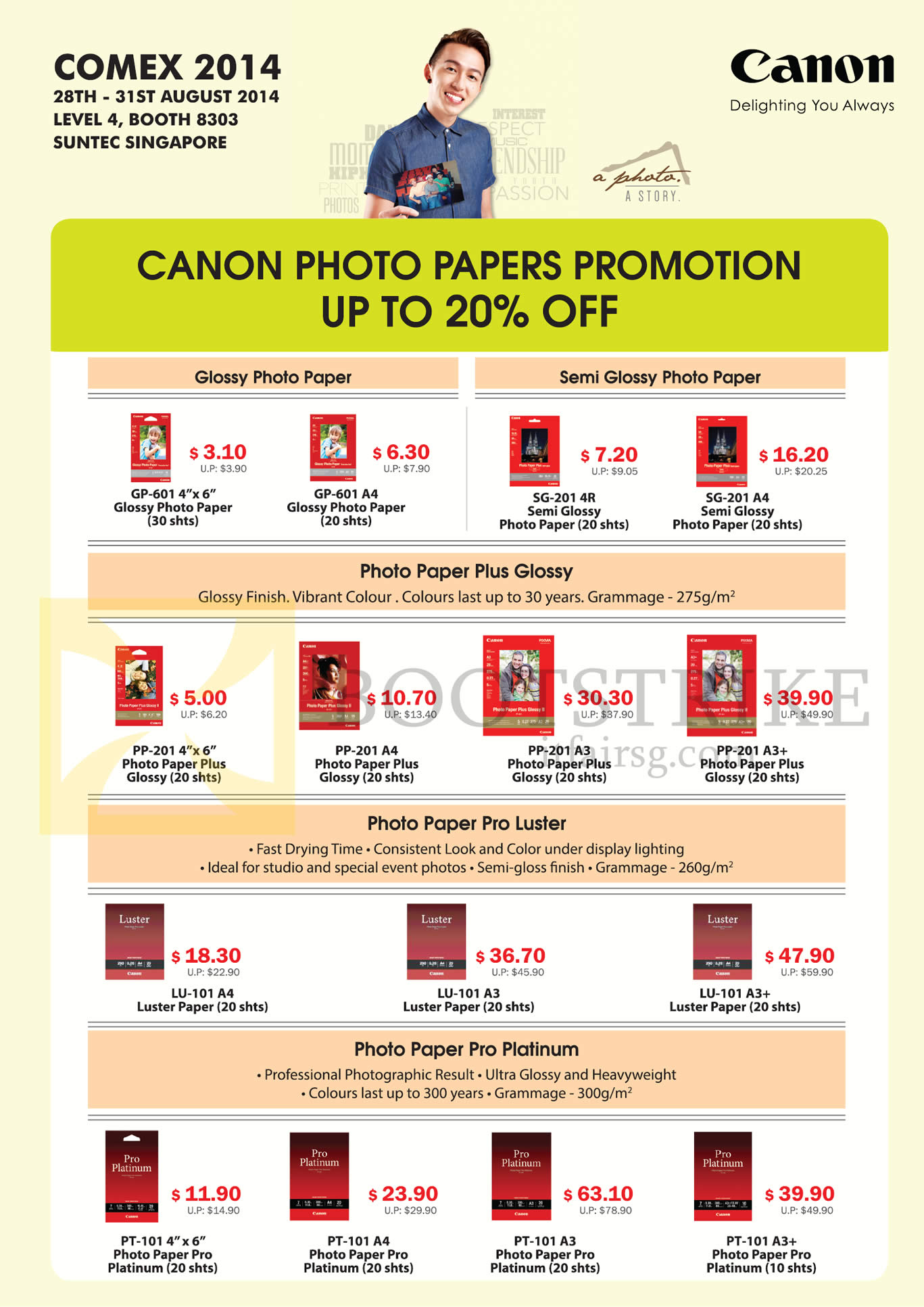 COMEX 2014 price list image brochure of Canon Photo Papers Glossy, Semi Glossy, Photo Paper Plus Glossy, Pro Luster, Pro Platinum