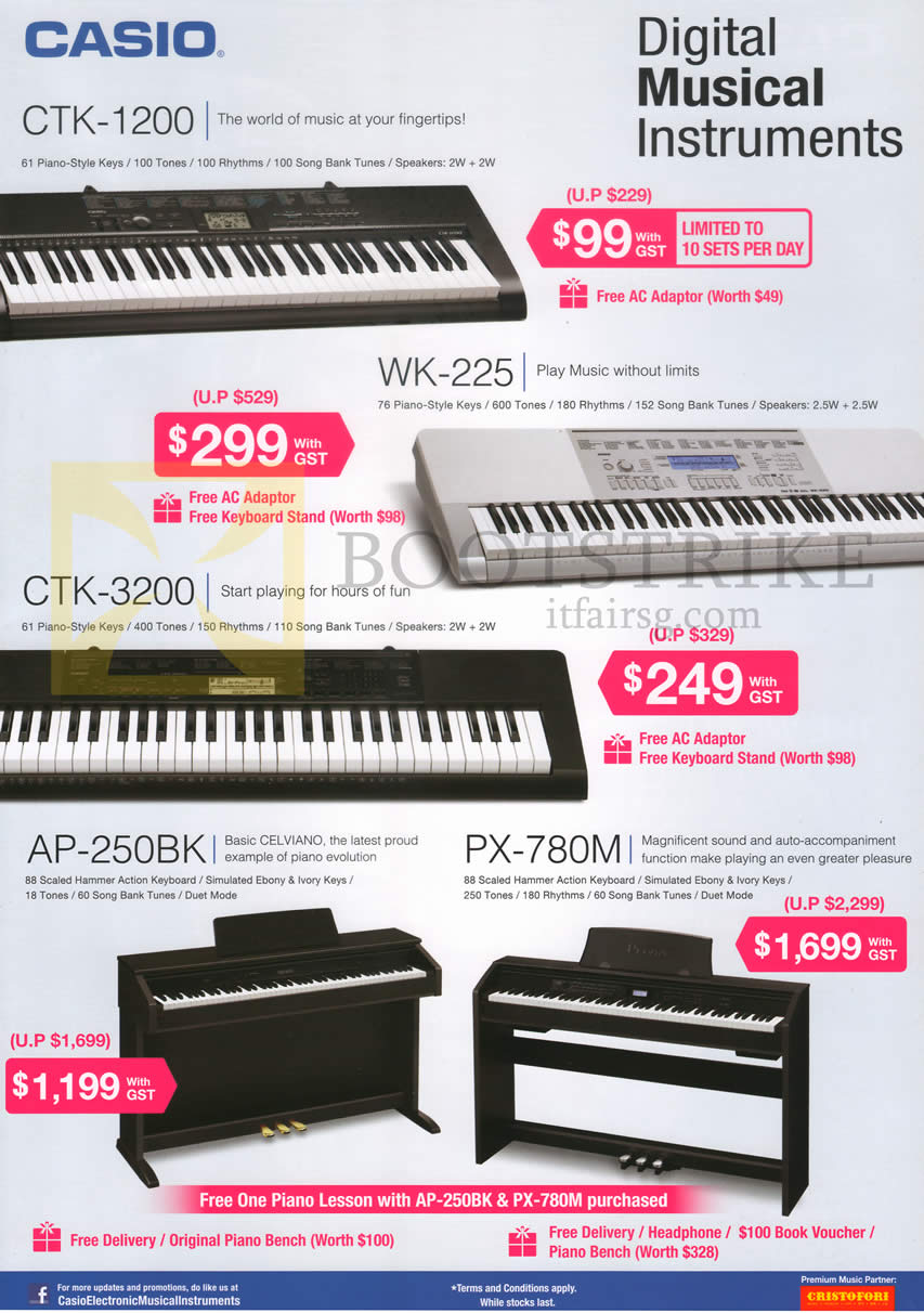 COMEX 2014 price list image brochure of Casio Keyboards CTK-1200, CTK-3200, WK-225, PX-780M, AP-250BK