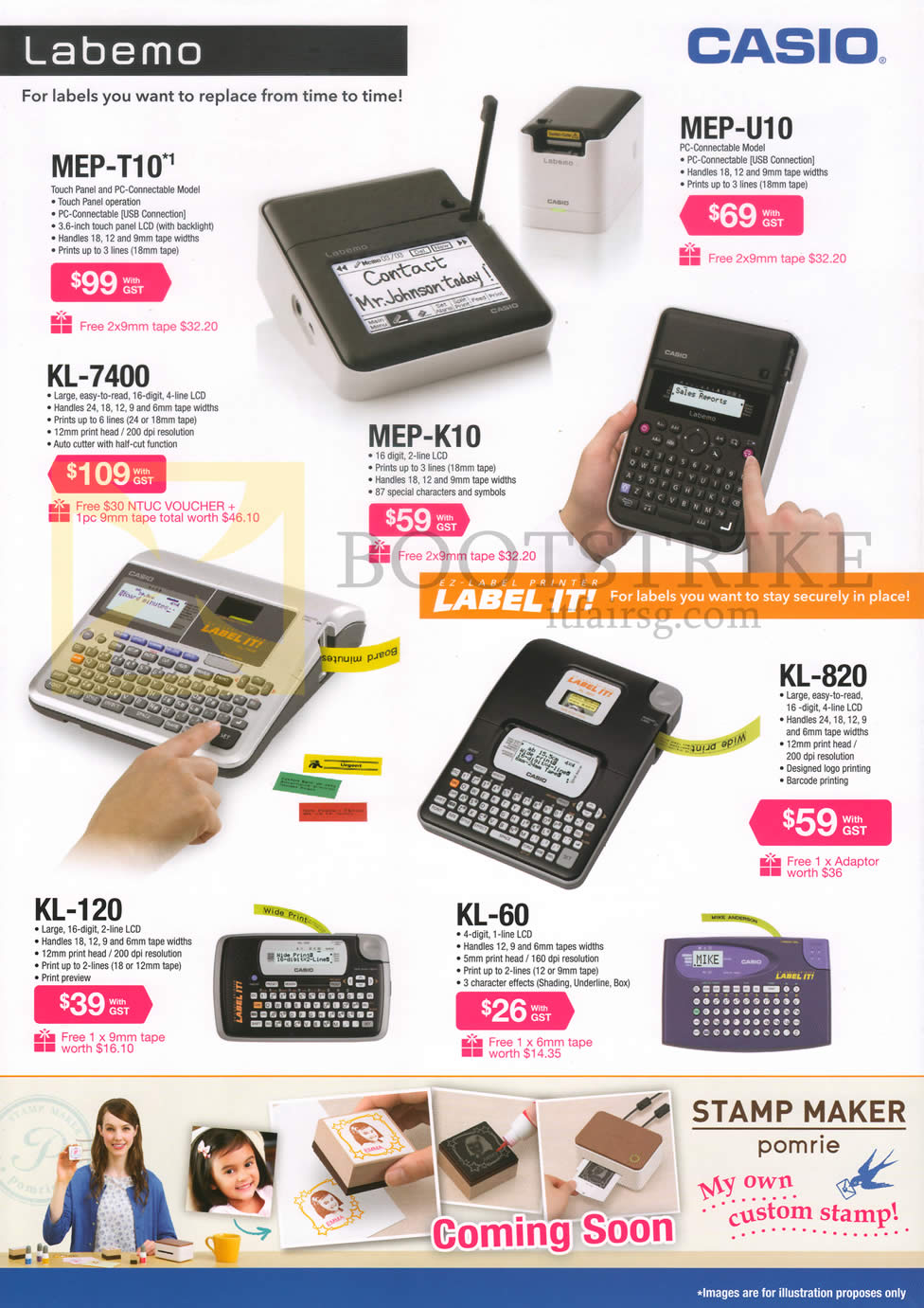 COMEX 2014 price list image brochure of Casio Labellers Labemo, Label It, MEP-T10, KL-7400, MEP-K10, KL-120, KL-60, KL-820, Stamp Maker Pomrie