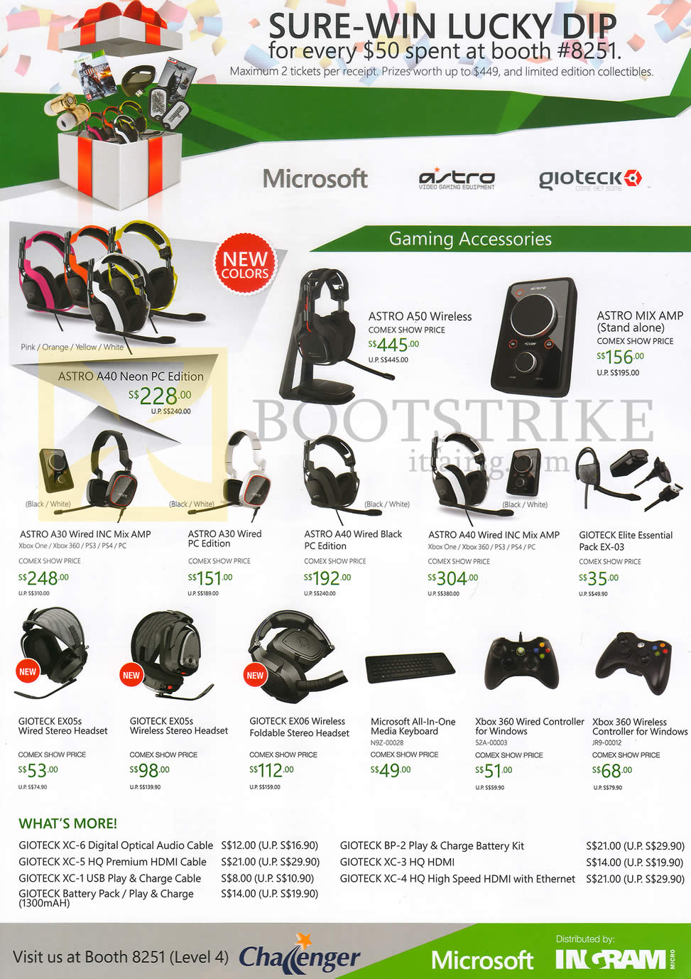 COMEX 2014 price list image brochure of Challenger Microsoft Xbox 360 Accessories, Astro, Gioteck Headphones, Controllers, Astro A50, Mix Amp, A30, A40, Gioteck Elite Essential, Wireless Wired Controller