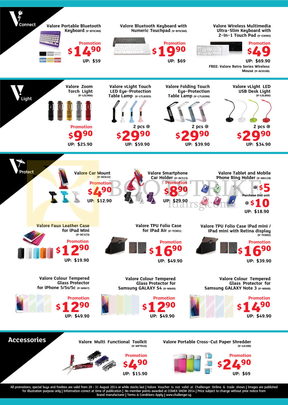 COMEX 2014 price list image brochure of Challenger Valore Accessories Keyboard, Torch Light, Lamp, Case, Paper Shredder, Car Holder