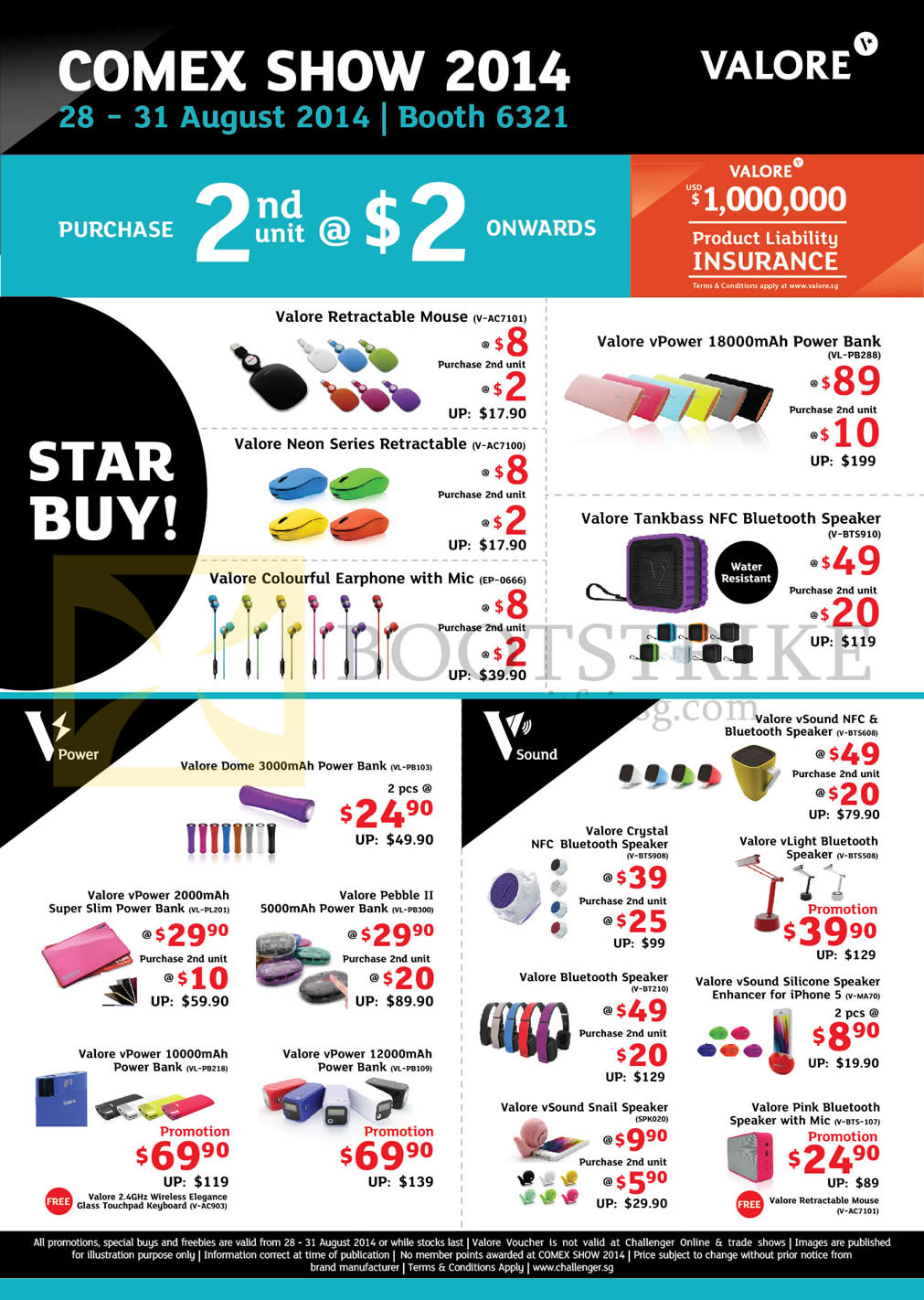 COMEX 2014 price list image brochure of Challenger Valore Accessories Mouse, VPower Power Bank, Tankbass Bluetooth Speaker, Earphone, VPower, VSound, Pebble