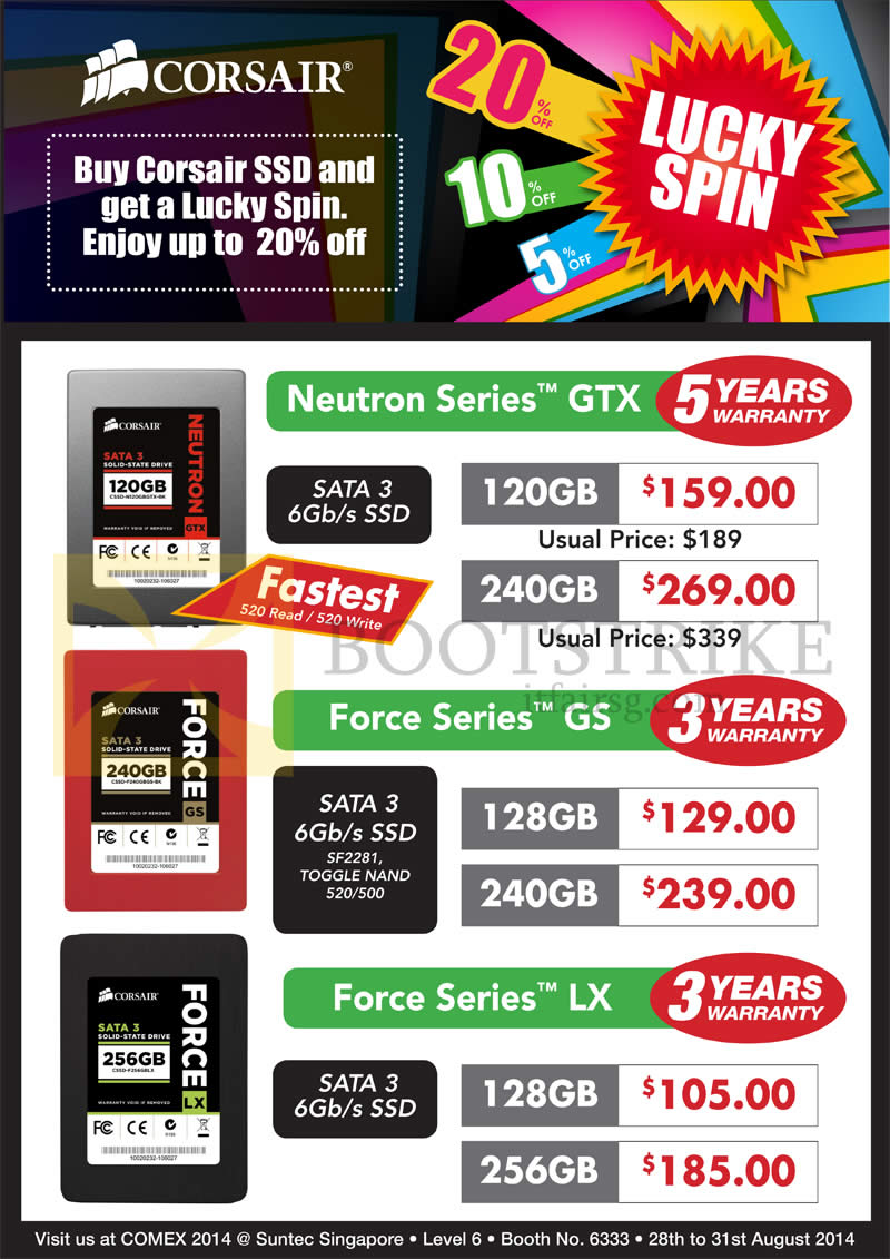 COMEX 2014 price list image brochure of Convergent Corsair SSD Neutron Series GTX, Force Series GS, Force Series LX