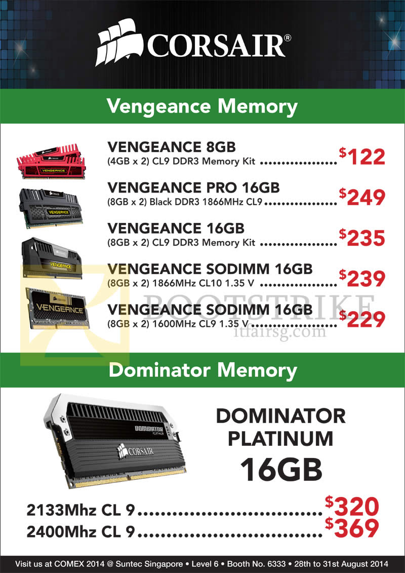 COMEX 2014 price list image brochure of Convergent Corsair Vengeance RAM Memory, Pro, Sodimm, Dominator Memory Platinum