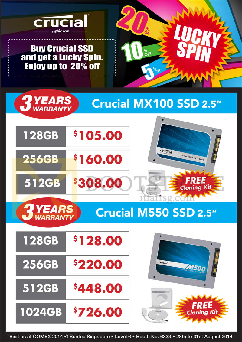 COMEX 2014 price list image brochure of Convergent Crucial MX100 SSD, M550 SSD