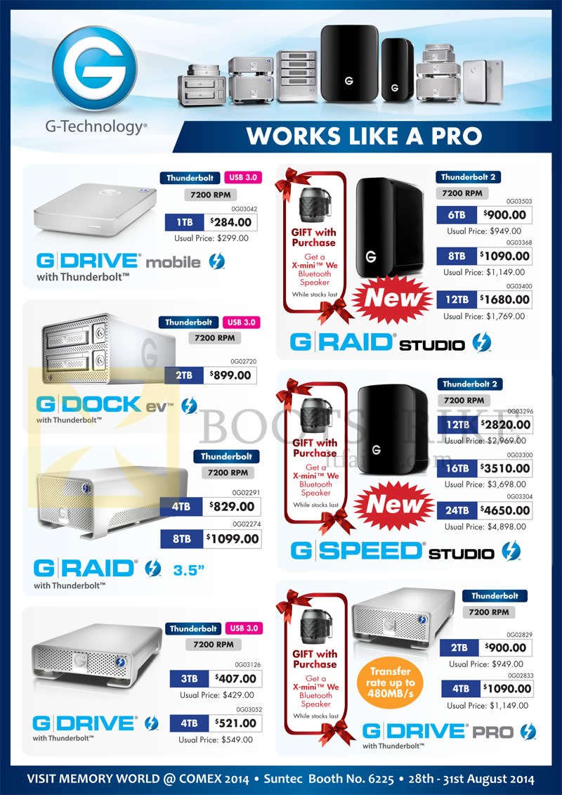 COMEX 2014 price list image brochure of Convergent G Technology G Drive Mobile, G Dock Ev, G Raid Studio, G Drive, G Speed Studio, Pro 1TB 2TB 3TB 4TB 8TB 12TB 16TB 24TB