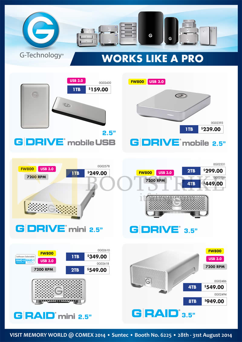 COMEX 2014 price list image brochure of Convergent G-Technology External Storage G Drive Mobile USB, G Drive Mini, G Raid, 1TB 2TB 4TB 8TB