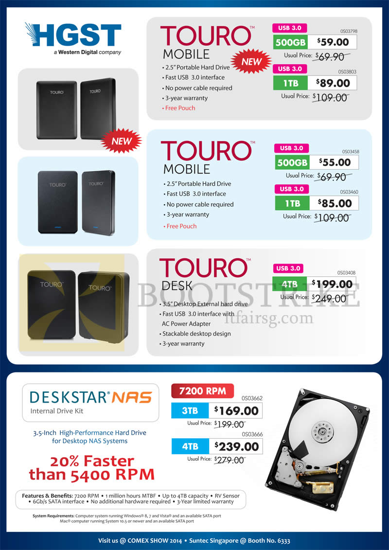 COMEX 2014 price list image brochure of Convergent HGST External Storage Drive Touro Mobile, Touro Desk, Deskstar NAS 500GB 1TB 4TB 3TB