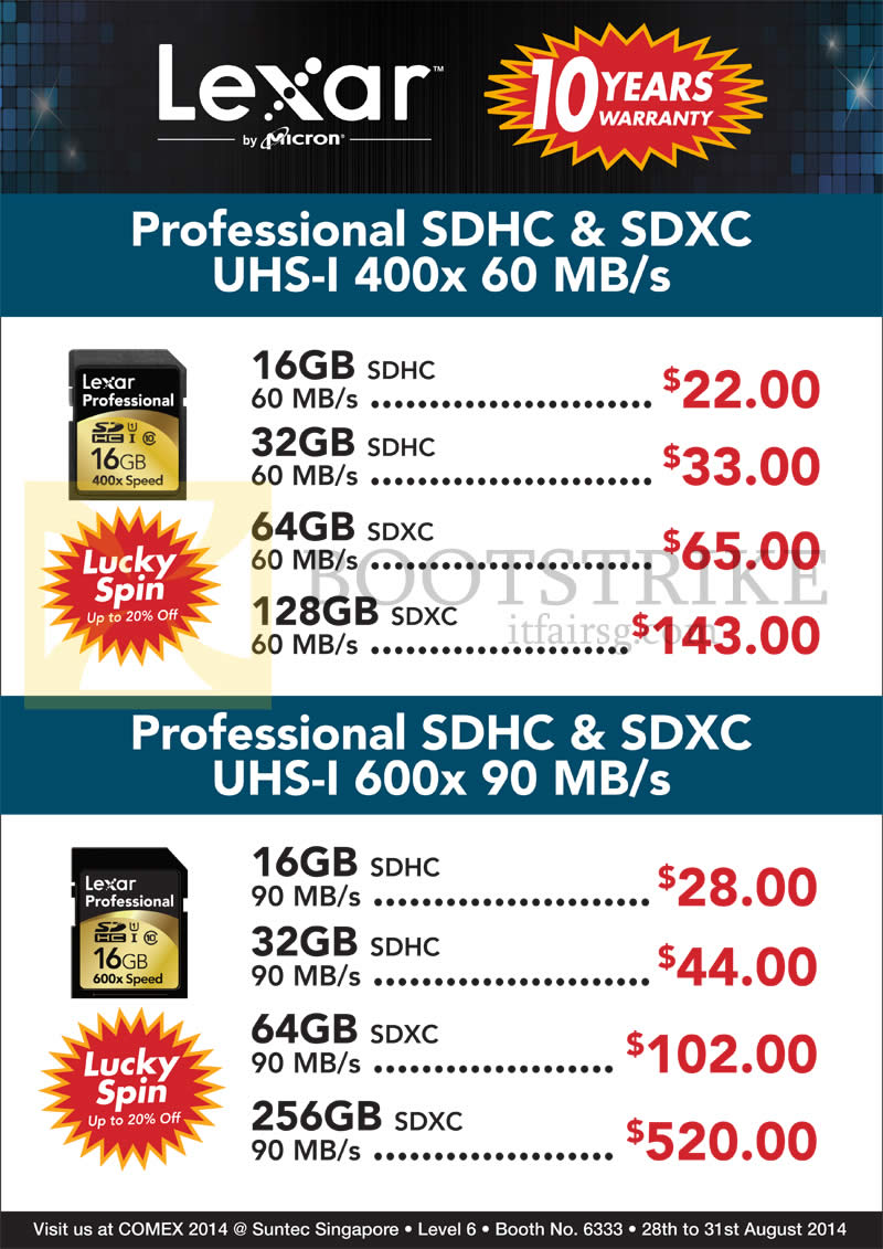 COMEX 2014 price list image brochure of Convergent Lexar Professional SDHC, SDXC UHS-I 400x, 600x