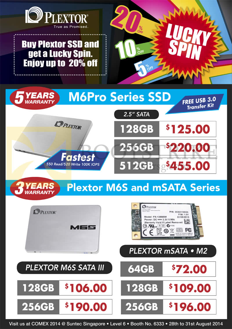 COMEX 2014 price list image brochure of Convergent Plextor M6Pro Series SSD, Plextor M6S Sata III, MSata M2