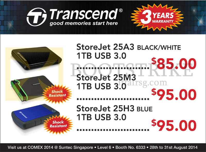 COMEX 2014 price list image brochure of Convergent Transcend External Storage Drive StoreJet 25A3, 25M3, 25H3 1TB USB