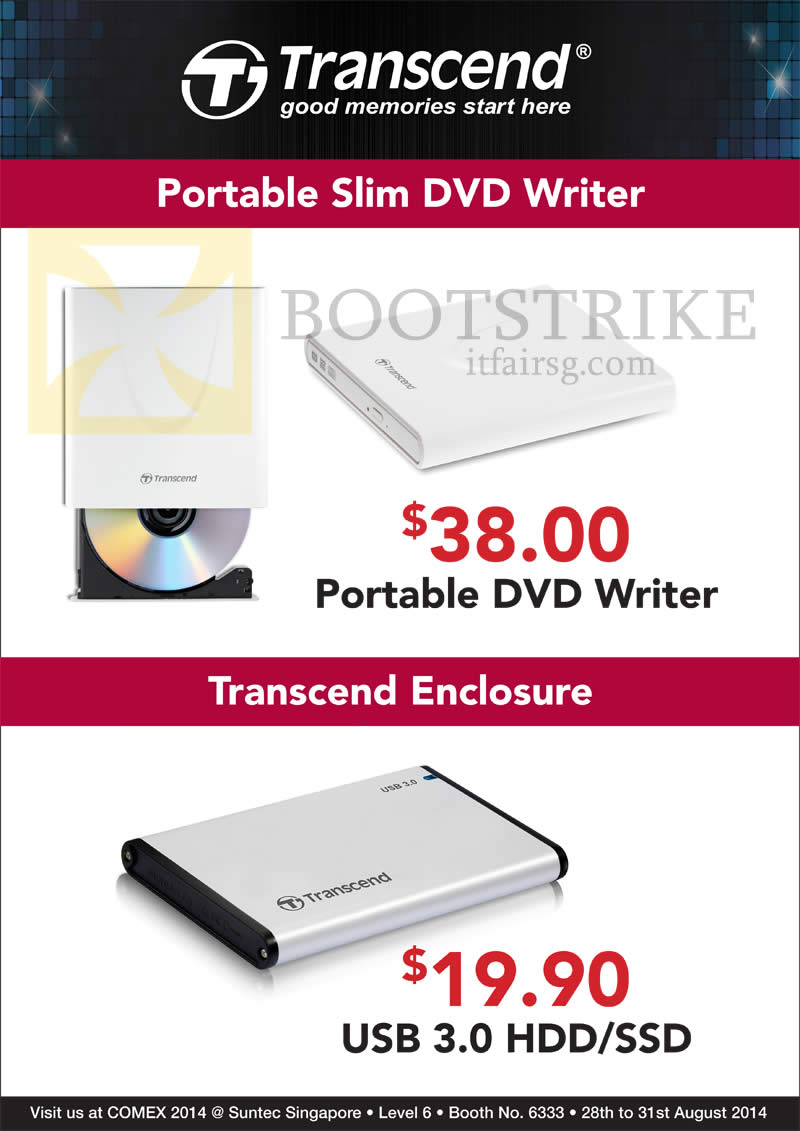COMEX 2014 price list image brochure of Convergent Transcend Portable DVD Writer, HDD SSD Enclosure