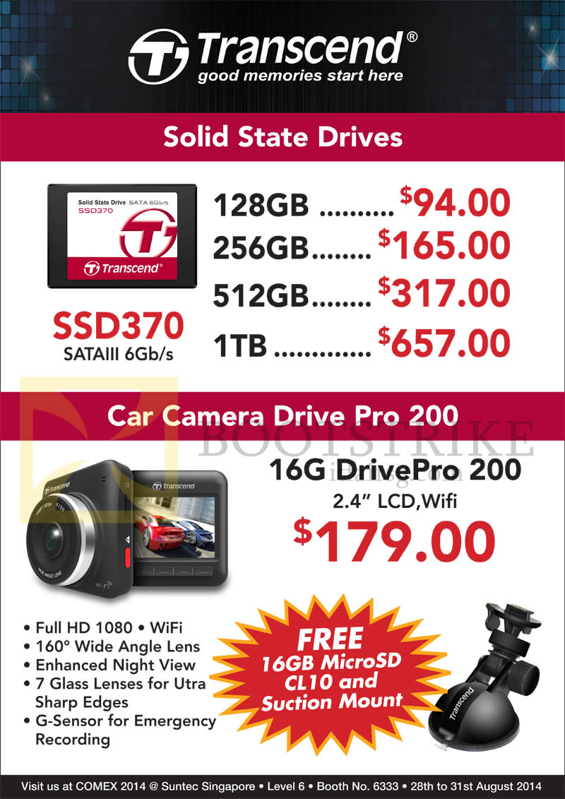 COMEX 2014 price list image brochure of Convergent Transcend SSD 370 128GB 256GB 512GB 1TB, Car Camera Drive Pro 200 16G
