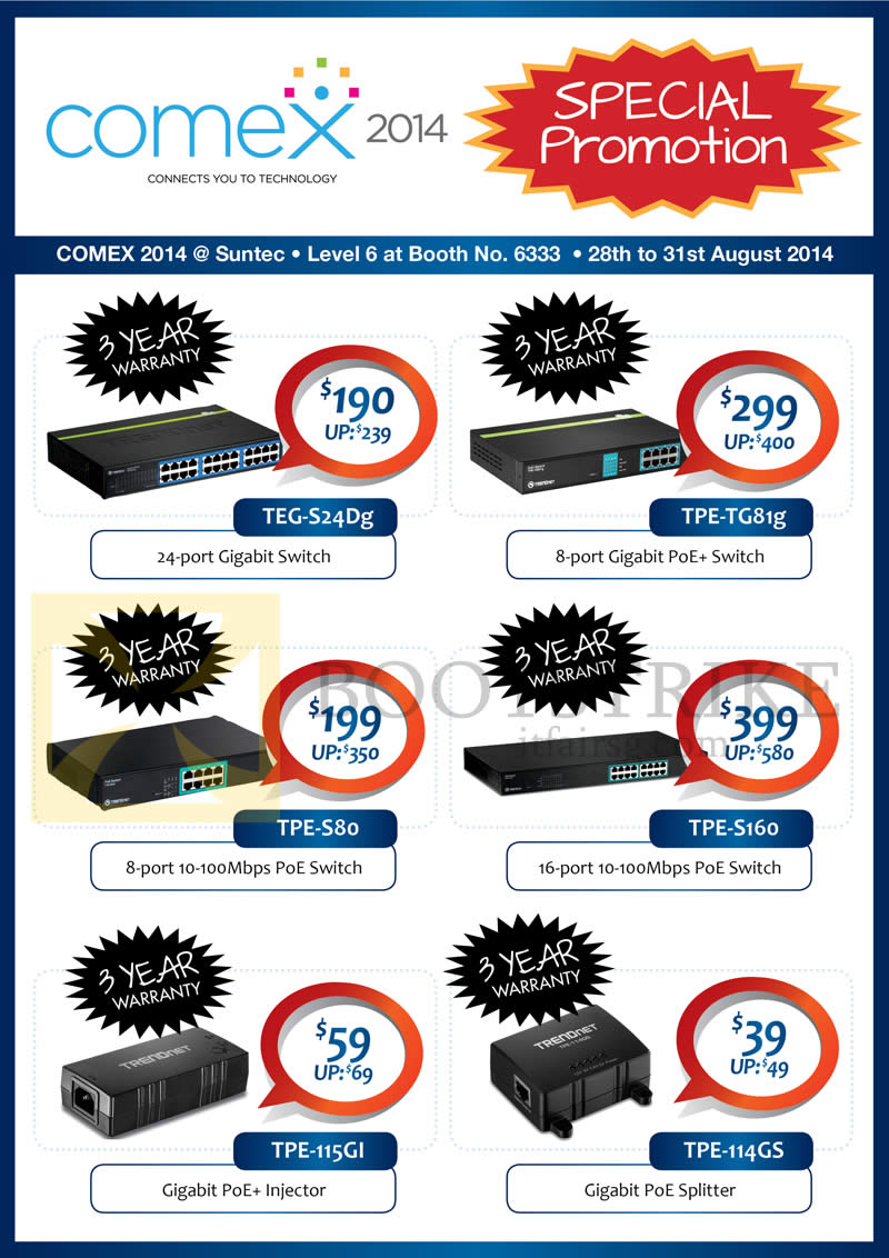 COMEX 2014 price list image brochure of Convergent Trendnet Networking Switch TEG-S24DG, TPE-TG81G, TPE-S80, TPE-S160, TPE-115GI, TPE-114GS
