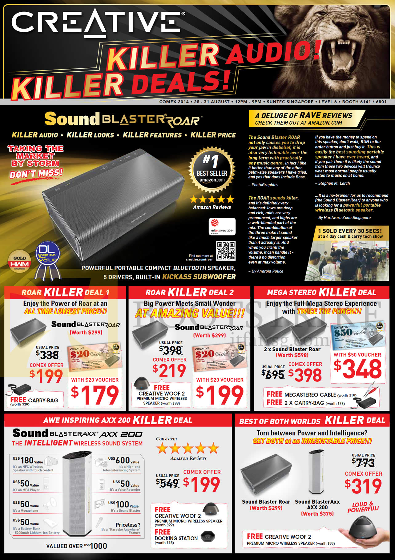 COMEX 2014 price list image brochure of Creative Sound Blaster Roar Speaker Bundles, AXX 200