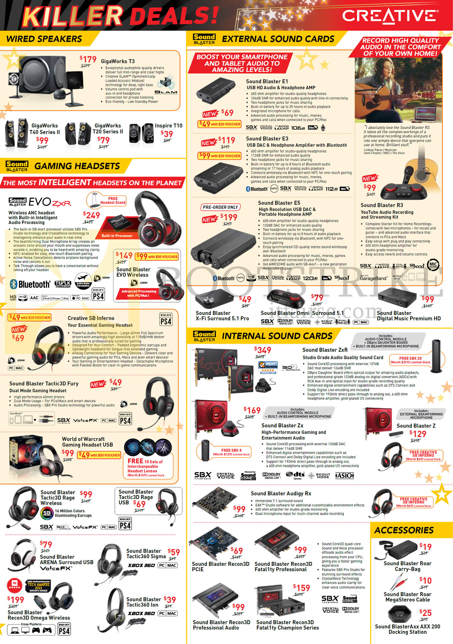COMEX 2014 price list image brochure of Creative Wired Speakers, External Sound Cards, Headphone, Headsets, Internal Sound Cards, Gigaworks Sound Blaster Evo ZxR Rx Recon3D Arena Tictic3D Inferno Fata1ty E5