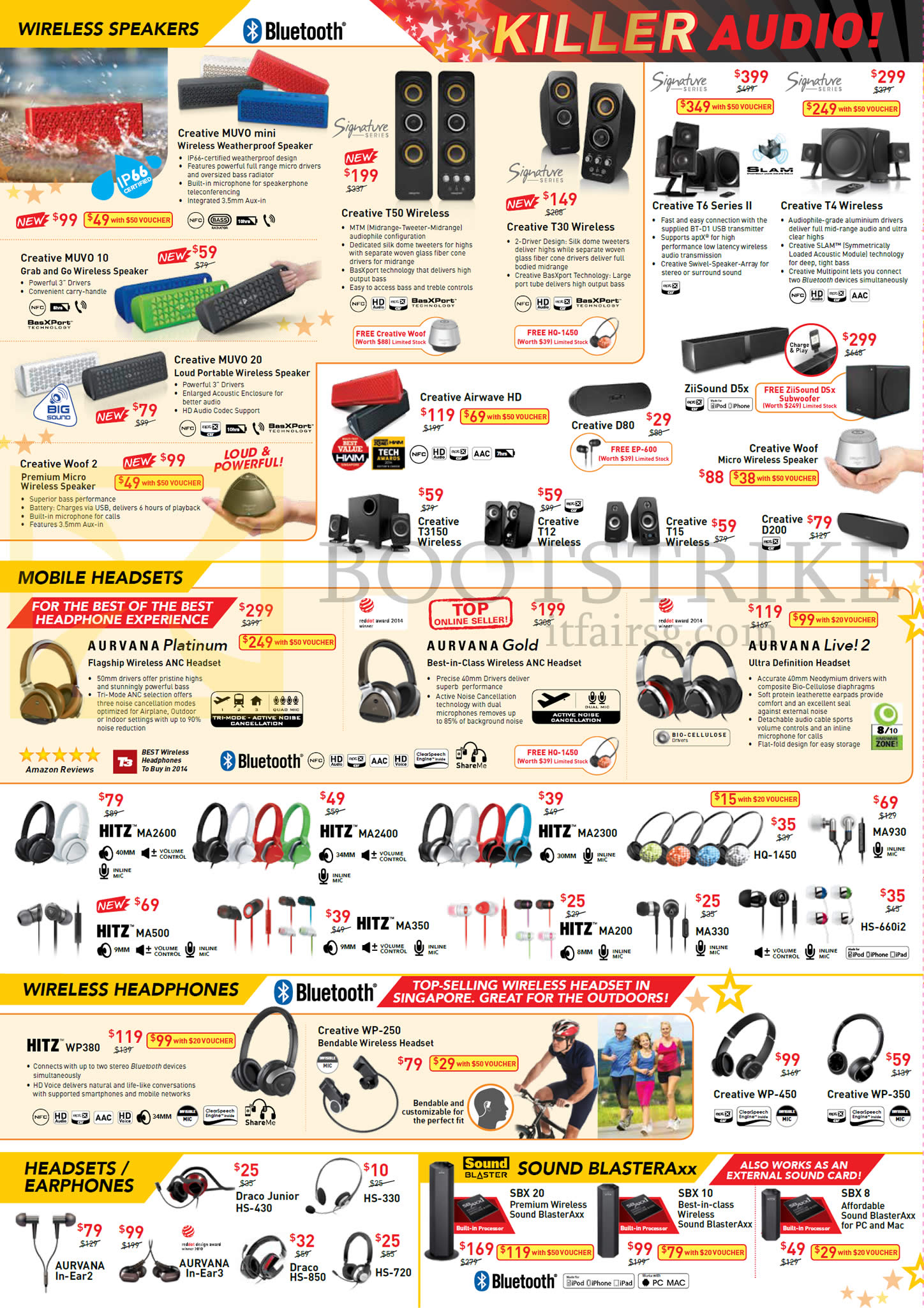 COMEX 2014 price list image brochure of Creative Wireless Speakers, Headsets, Headphones, Earphones, Sound Blaster Axx Airwave Woof Aurvana Hitz Draco SBX, Muvo