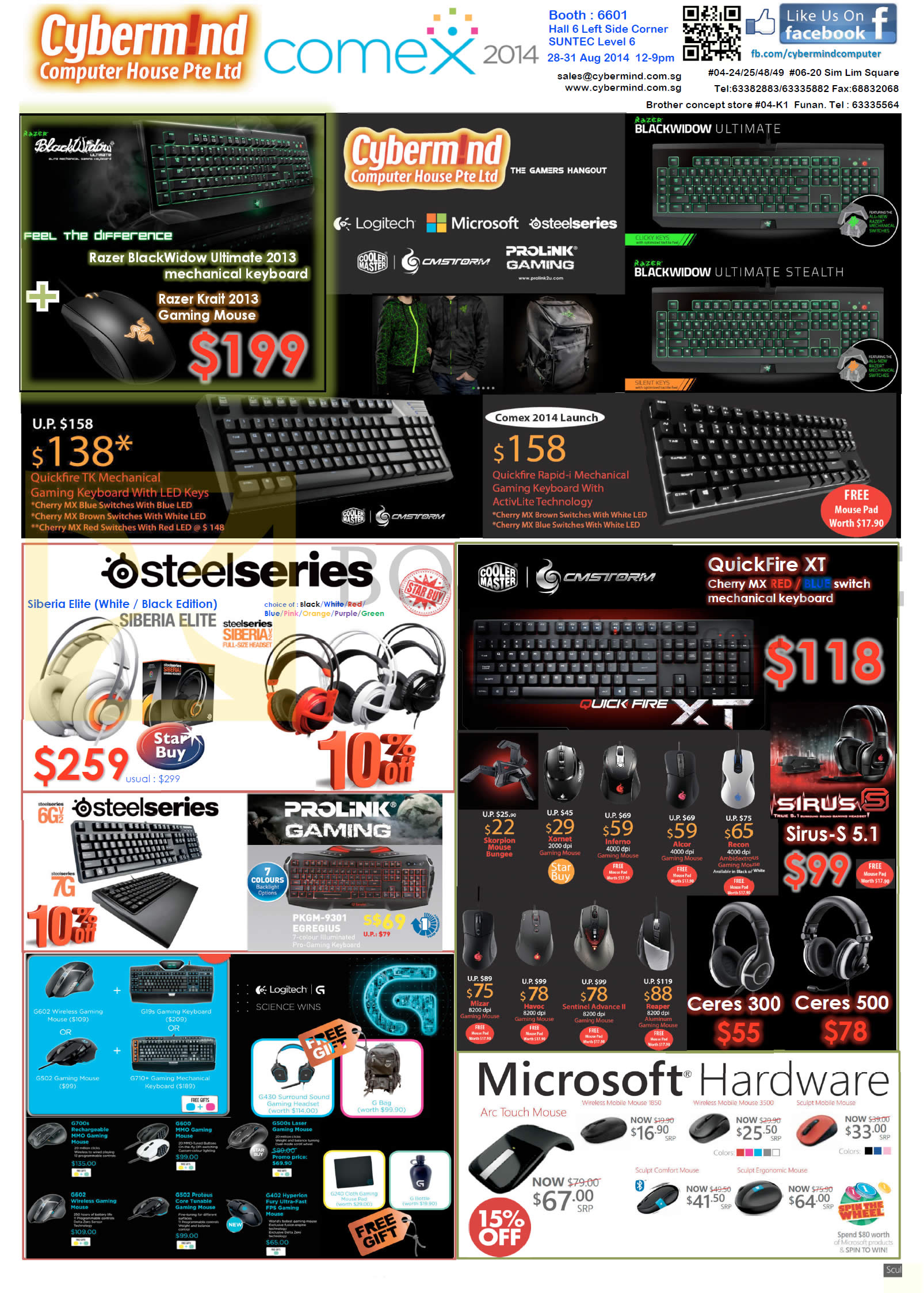 COMEX 2014 price list image brochure of Cybermind Razer Keyboards Mouse, Steelseries Headphones Siberia, Prolink Gaming, Microsoft Arc Touch Sculpt, Cooler Master QuickFire XT