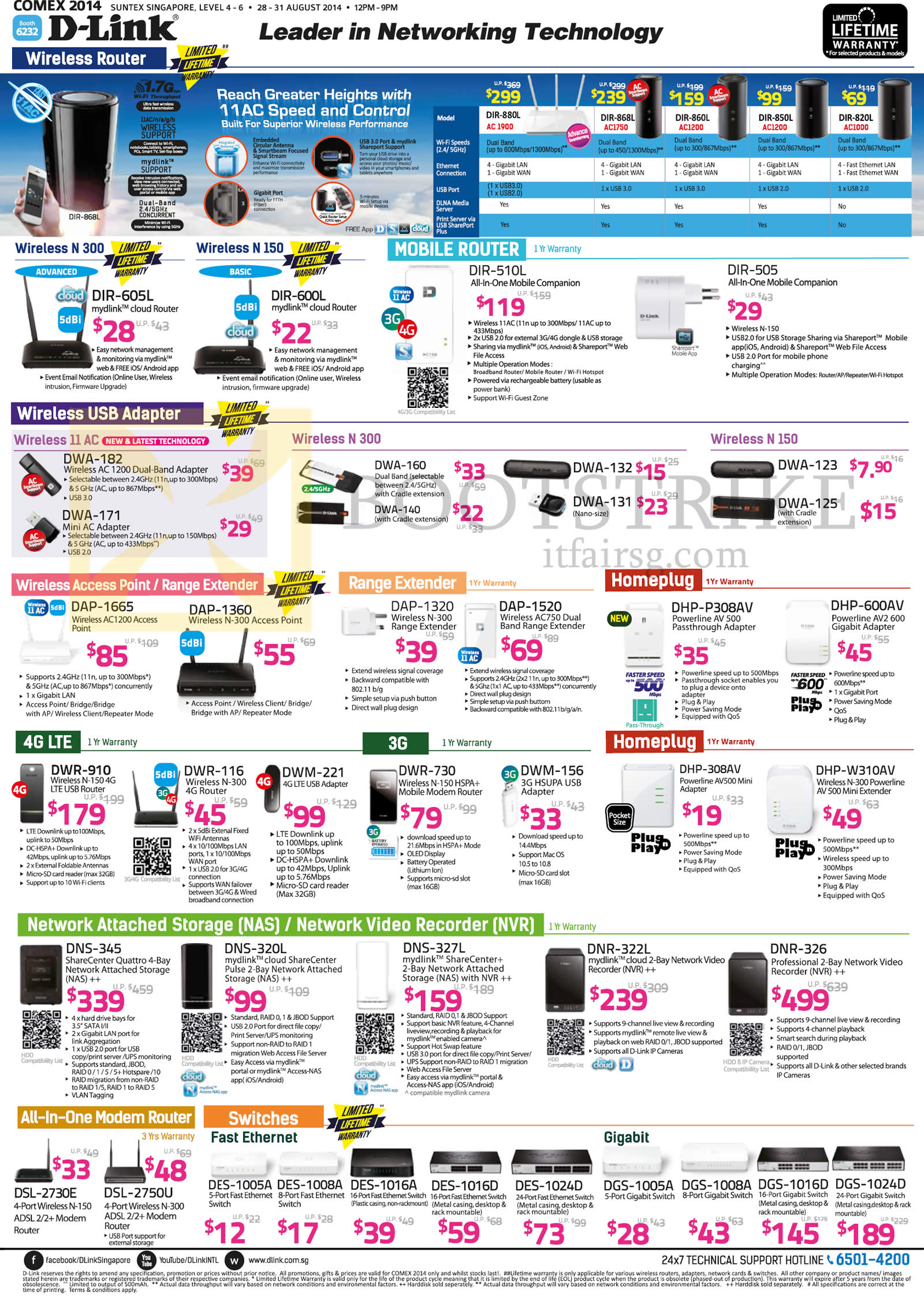 COMEX 2014 price list image brochure of D-Link Networking Mobile Wireless Router, USB Adapter, Range Extender, HomePlug, NAS, NVR, Switches, AIO Modem Router