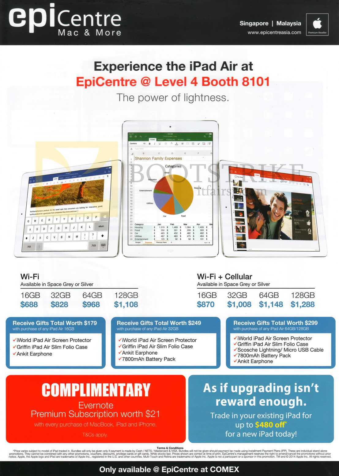 COMEX 2014 price list image brochure of Epicentre Apple IPad Air Wifi, Wifi Cellular 16GB, 32GB, 64GB, 128GB