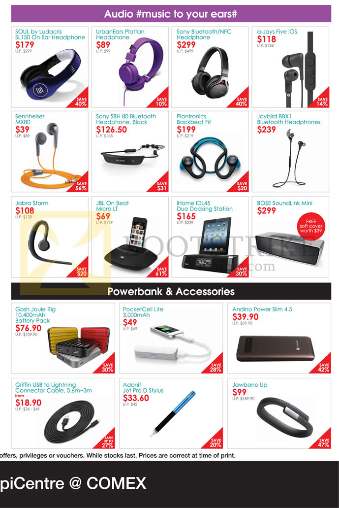 COMEX 2014 price list image brochure of Epicentre Headphones, Earphones, Power Bank, Accessories, Stylus Pen, Jawbone Up