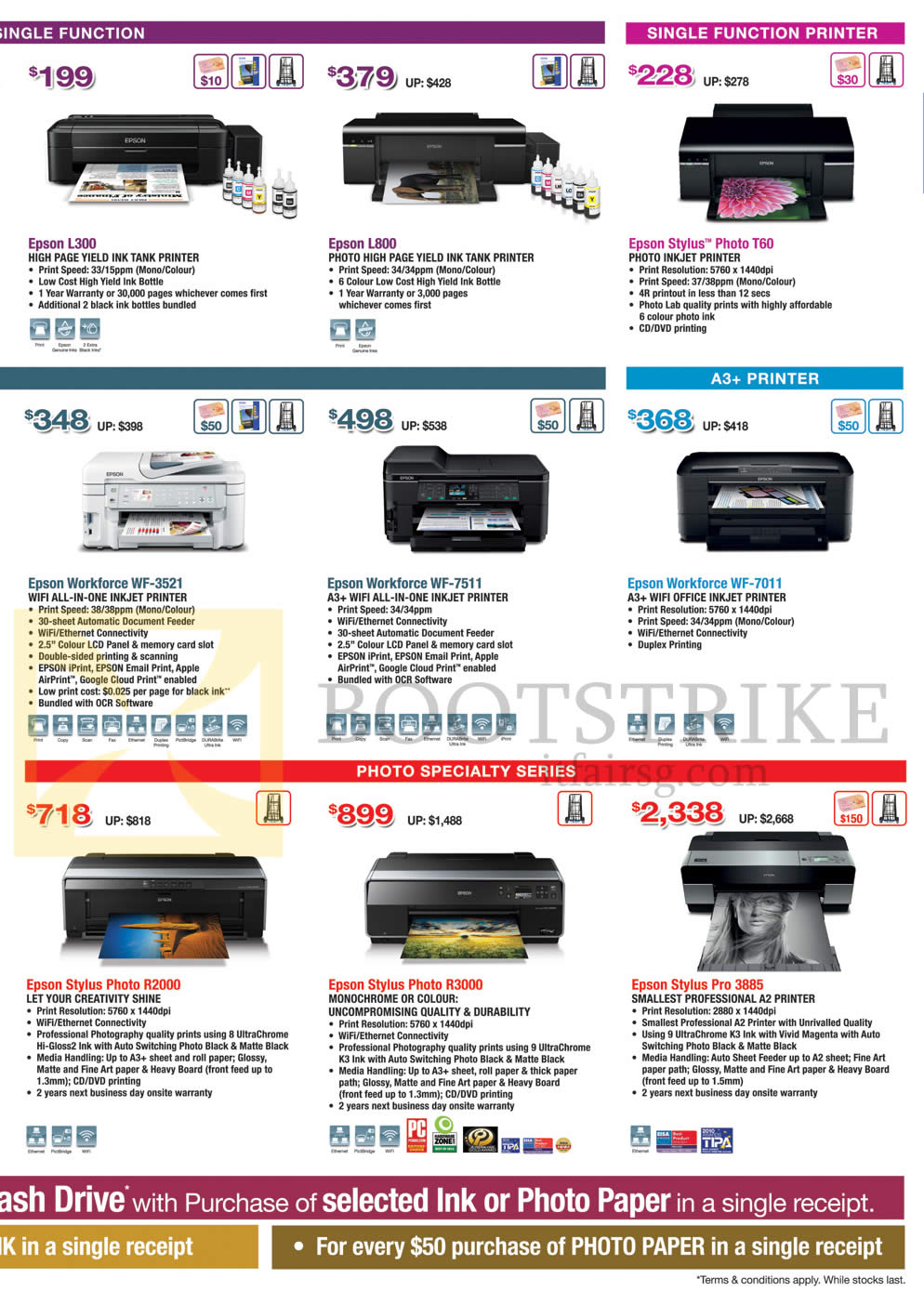 COMEX 2014 price list image brochure of Epson Printers, Photo Printers, L300, L800, T60, Workforce WF-3521, 7511, 7011, Stylus Photo R2000, R3000, Pro3885