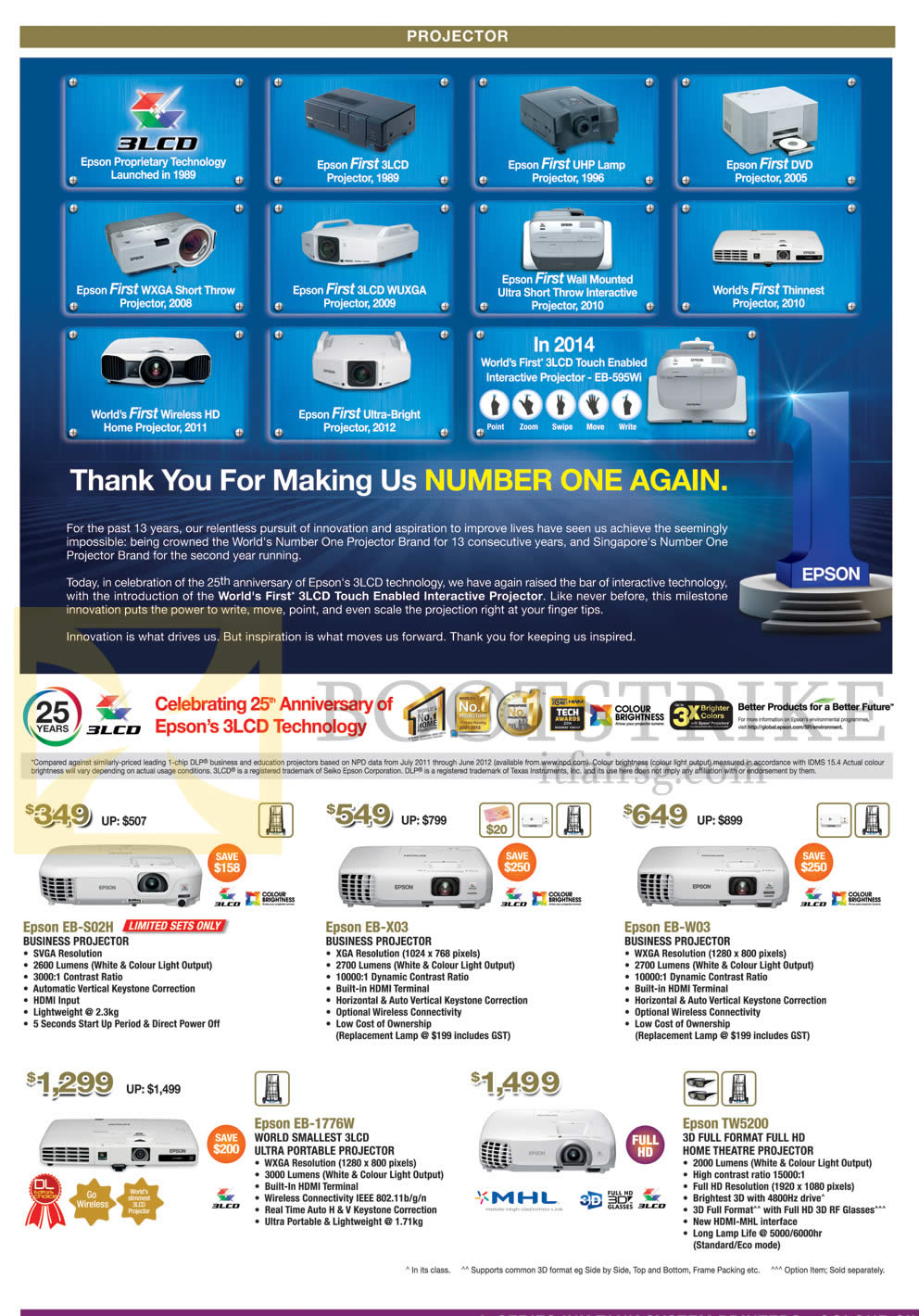 COMEX 2014 price list image brochure of Epson Projectors EB-S02H, X03, W03, 1776W, TW5200