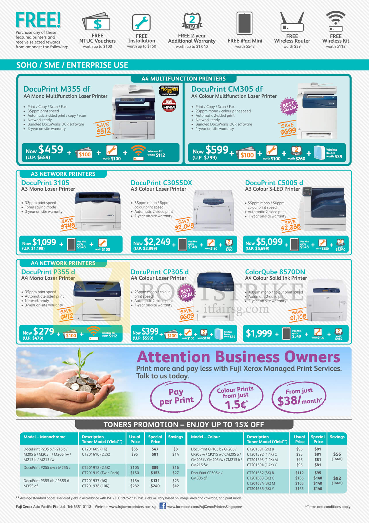 COMEX 2014 price list image brochure of Fuji Xerox Printers DocuPrint M355df, CM305df, 3105, C3055DX, C5005d, P355d, CP305d, 8570DN, Toner