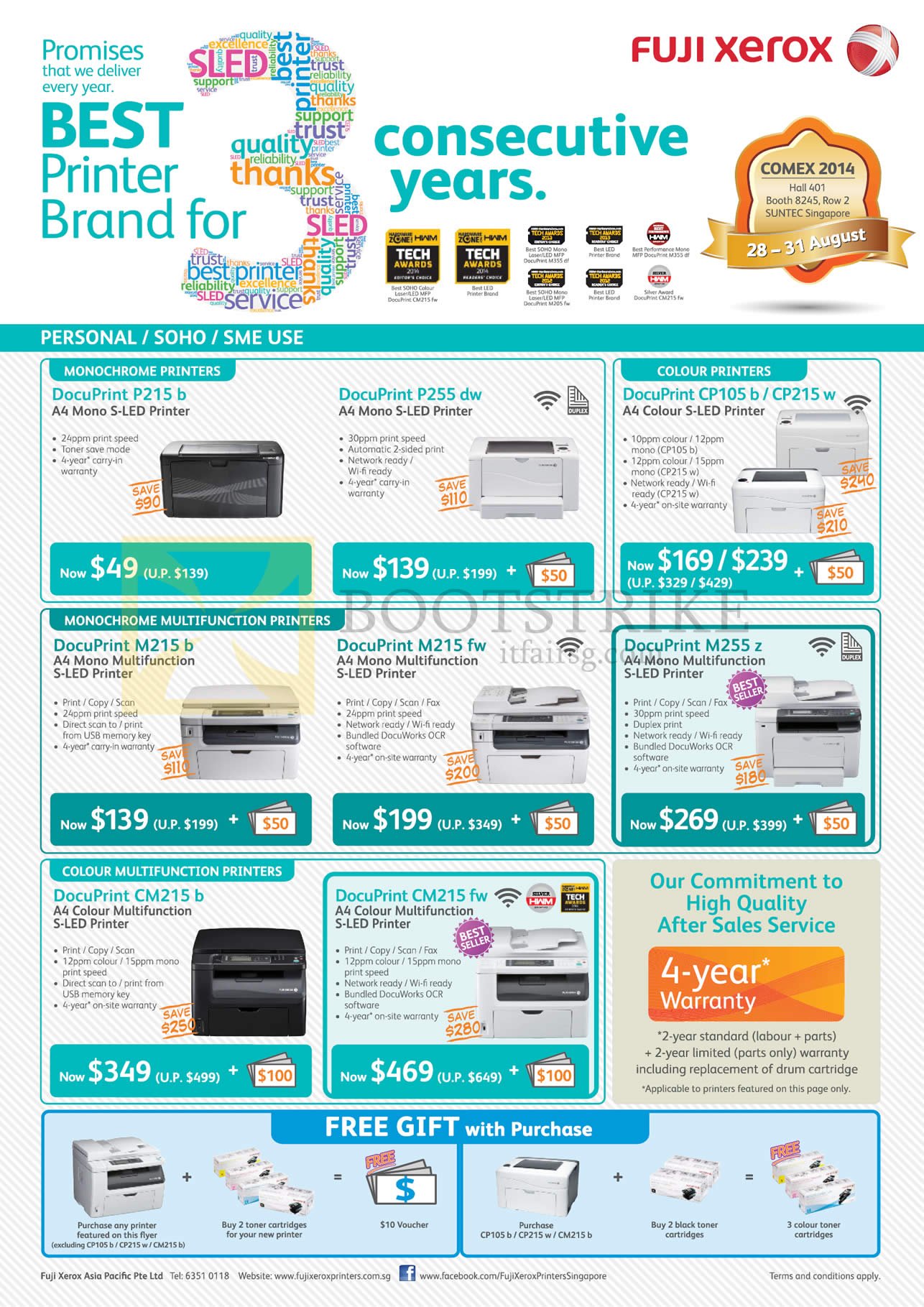 COMEX 2014 price list image brochure of Fuji Xerox Printers DocuPrint P215b, P255dw, M215b, M215fw, CM215b, CM215fw, CP105b, CP215w, M255z, Free Gifts