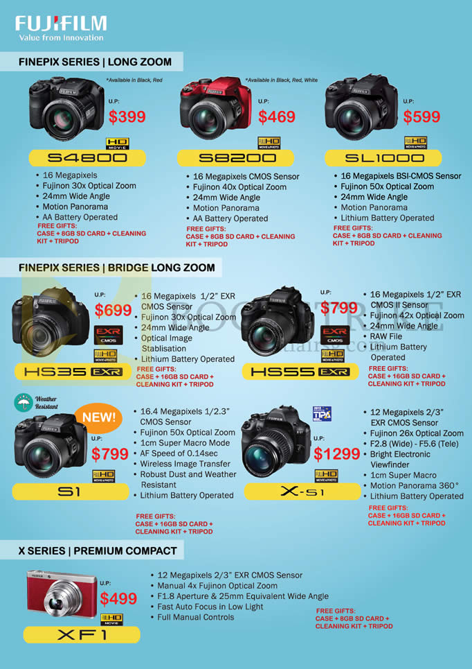 COMEX 2014 price list image brochure of Fujifilm Digital Cameras (No Prices) S4800, S8200, SL1000, HS35EXR, HS55EXR, S1, X-S1, XF1