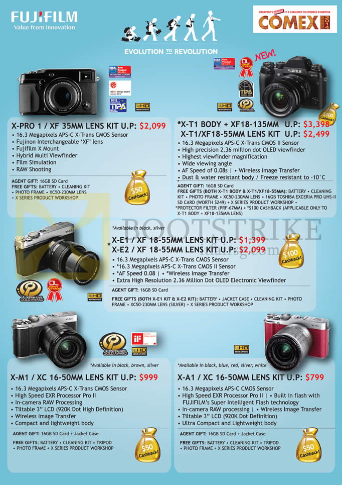 COMEX 2014 price list image brochure of Fujifilm Digital Cameras (No Prices) X-Pro 1, X-T1, X-M1, X-A1, X-E1, X-E2