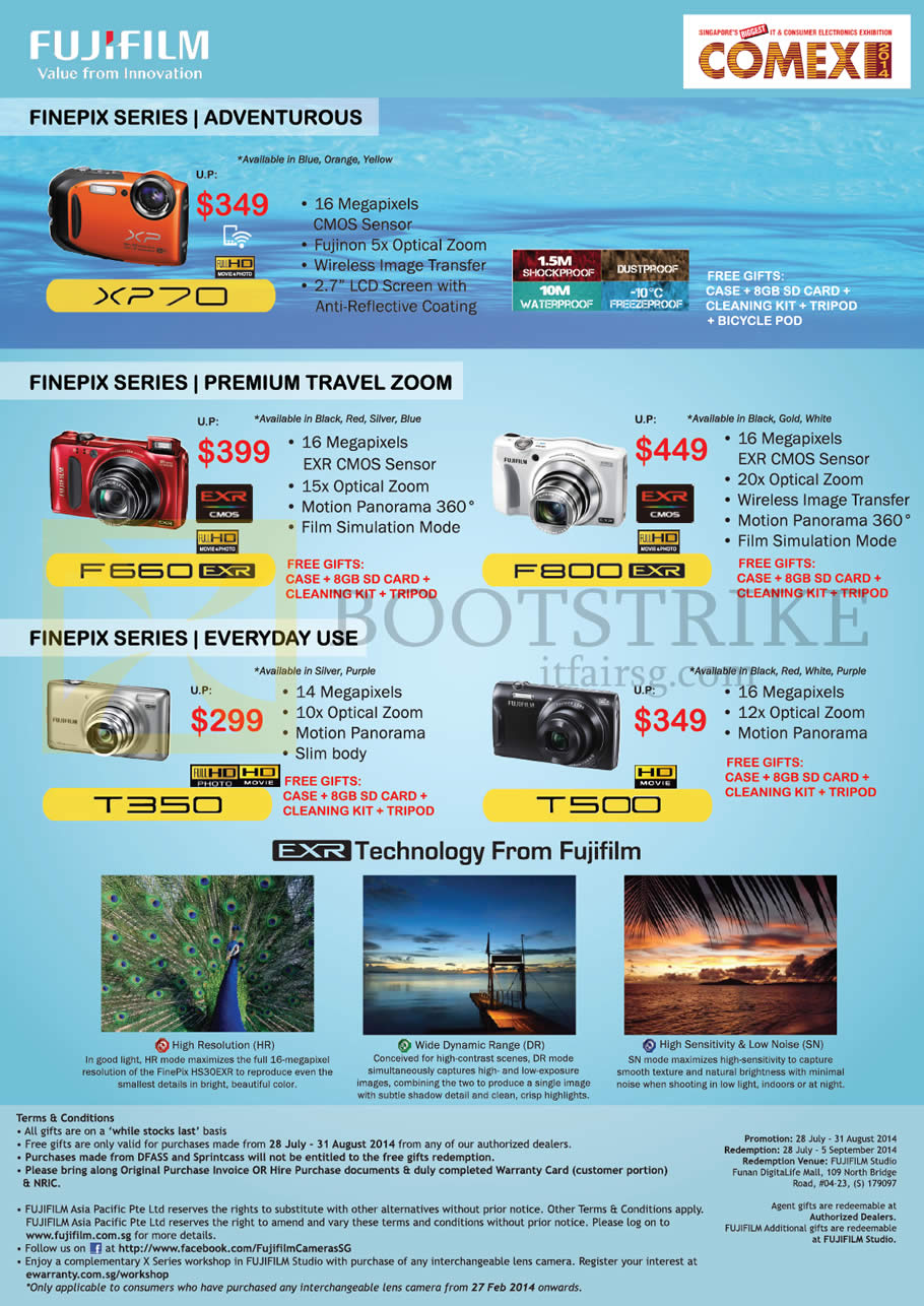 COMEX 2014 price list image brochure of Fujifilm Digital Cameras (No Prices) XP70, F660EXR, F800EXR, T350, T500