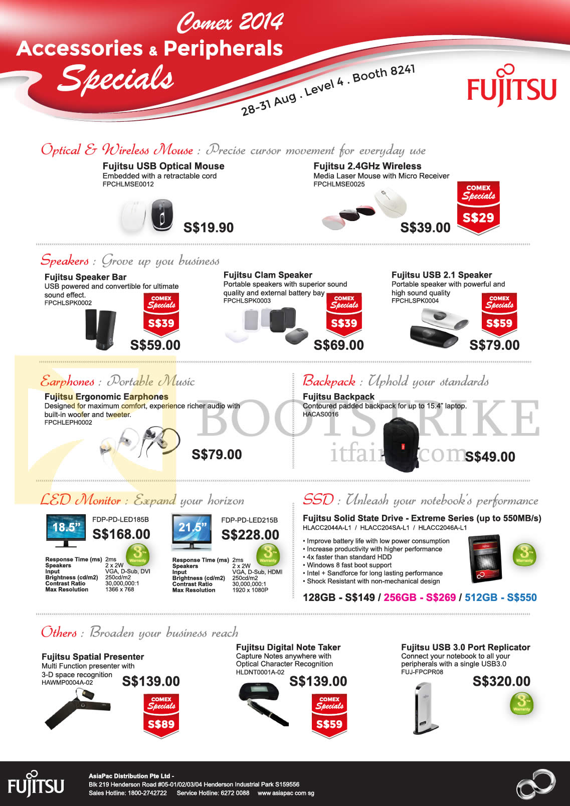 COMEX 2014 price list image brochure of Fujitsu Accessories Mouse, Speakers, LED Monitos, Backpacks, SSDs, LED Monitors, Spatial Presenter, Note Taker, USB Port Replicator