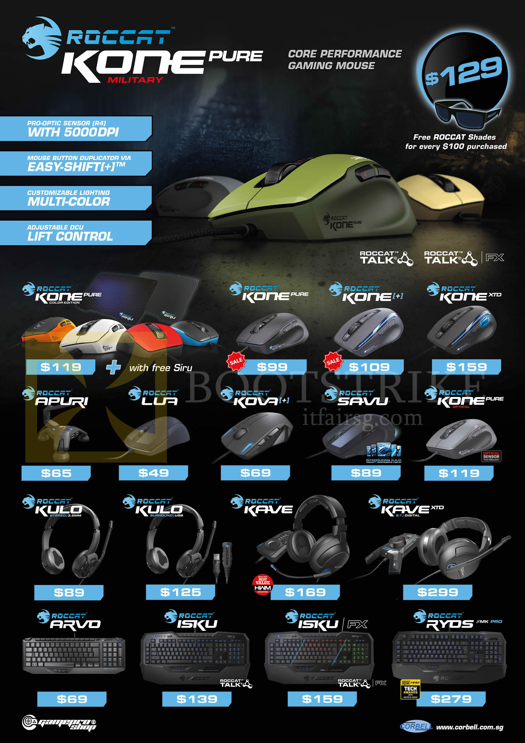COMEX 2014 price list image brochure of Gamepro Roccat Mouse, Headphones, Keyboards, Kone, Apuri, Kova, Savu, Kulo, Kave, Isku, Ryos