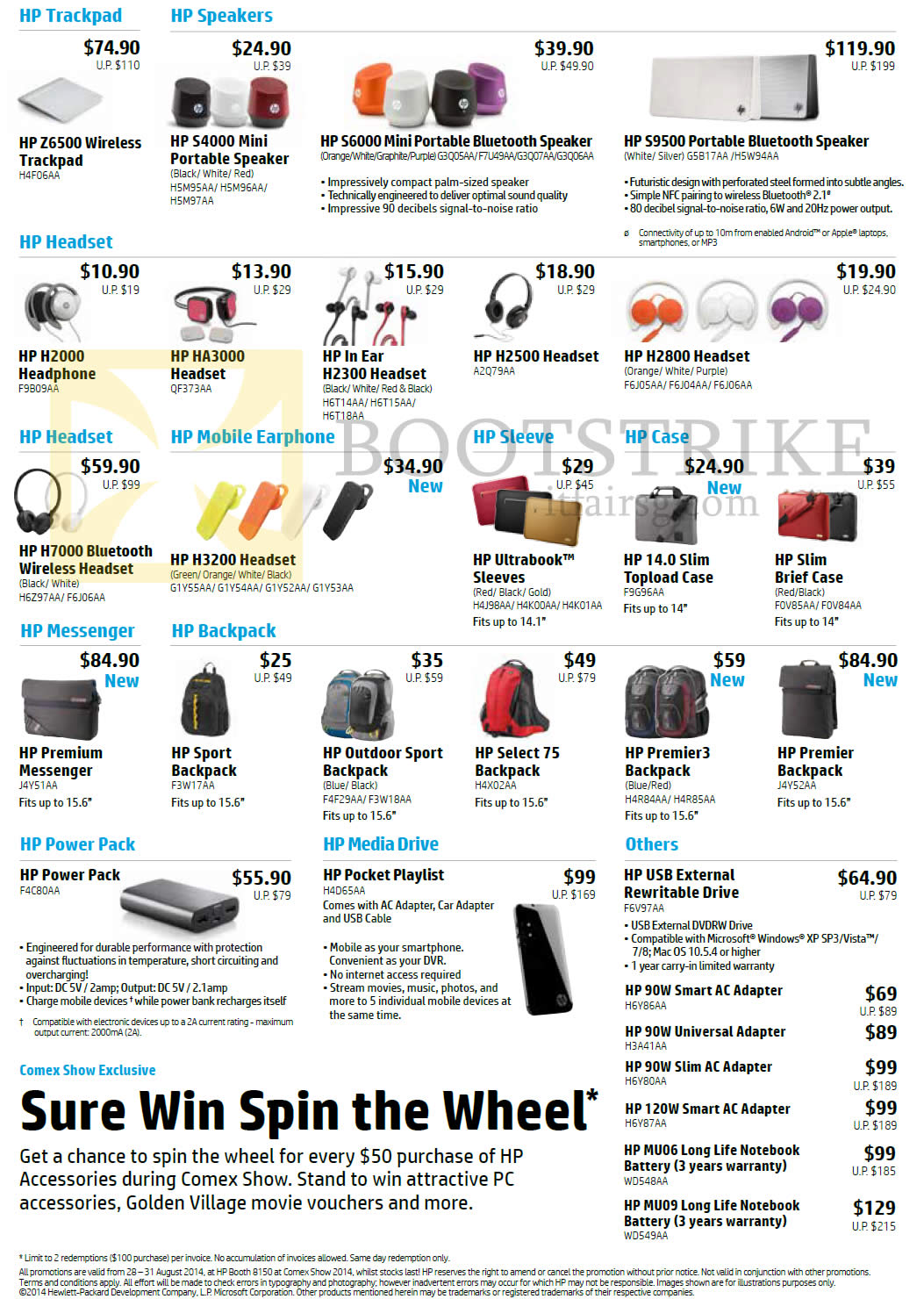 COMEX 2014 price list image brochure of HP Accessories Trackpad, Speakers, Headsets, Earphones, Sleeve, Cases, Messenger, Backpacks, PowerPack, Media Drive