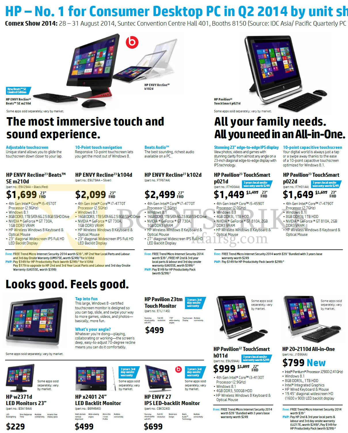 COMEX 2014 price list image brochure of HP Desktop PCs AIO, Envy Recline 23-SE M210d, 23-k104d, 27-k102d, Pavilion TouchSmart 23-p021d P022d, 23tm Monitor, 22-h011d, 20-2110d, W2371d, X2401, Envy 27