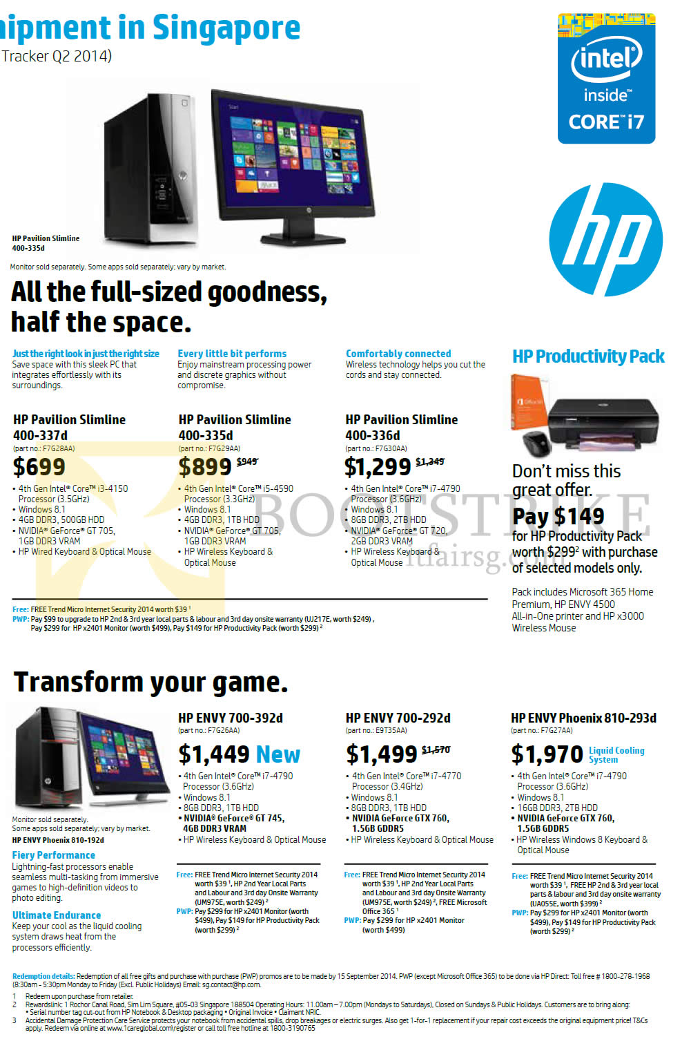 COMEX 2014 price list image brochure of HP Desktop PCs Pavilion Slimline 400-337d, 400-335d, 400-336d, Envy 700-392d, 700-292d, Envy Phoenix 810-293d