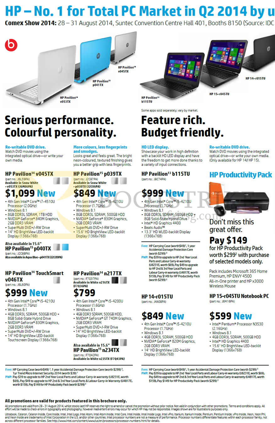 COMEX 2014 price list image brochure of HP Notebooks Pavilion 14-v045TX, 15-p039TX, 15-p040TX, 13-b115TU, 14-n217TX, 14-r015TU, 15-r045TU, TouchSmart 14-v046TX
